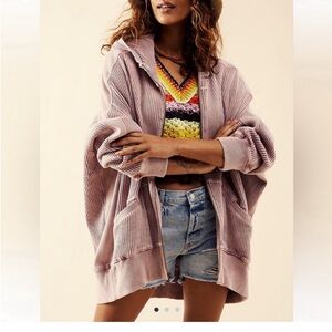 Free People FP One Ash Oversized Vintage Wash Thermal Hoodie Jacket Womens Large